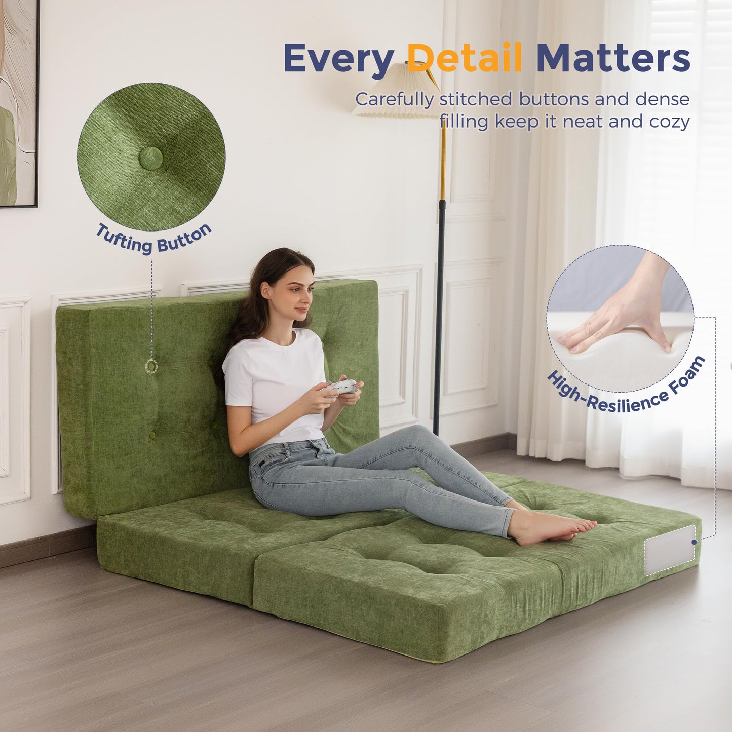 MAXYOYO Folding Mattress Chenille Fabric 15cm, Sofa Bed for Guest
