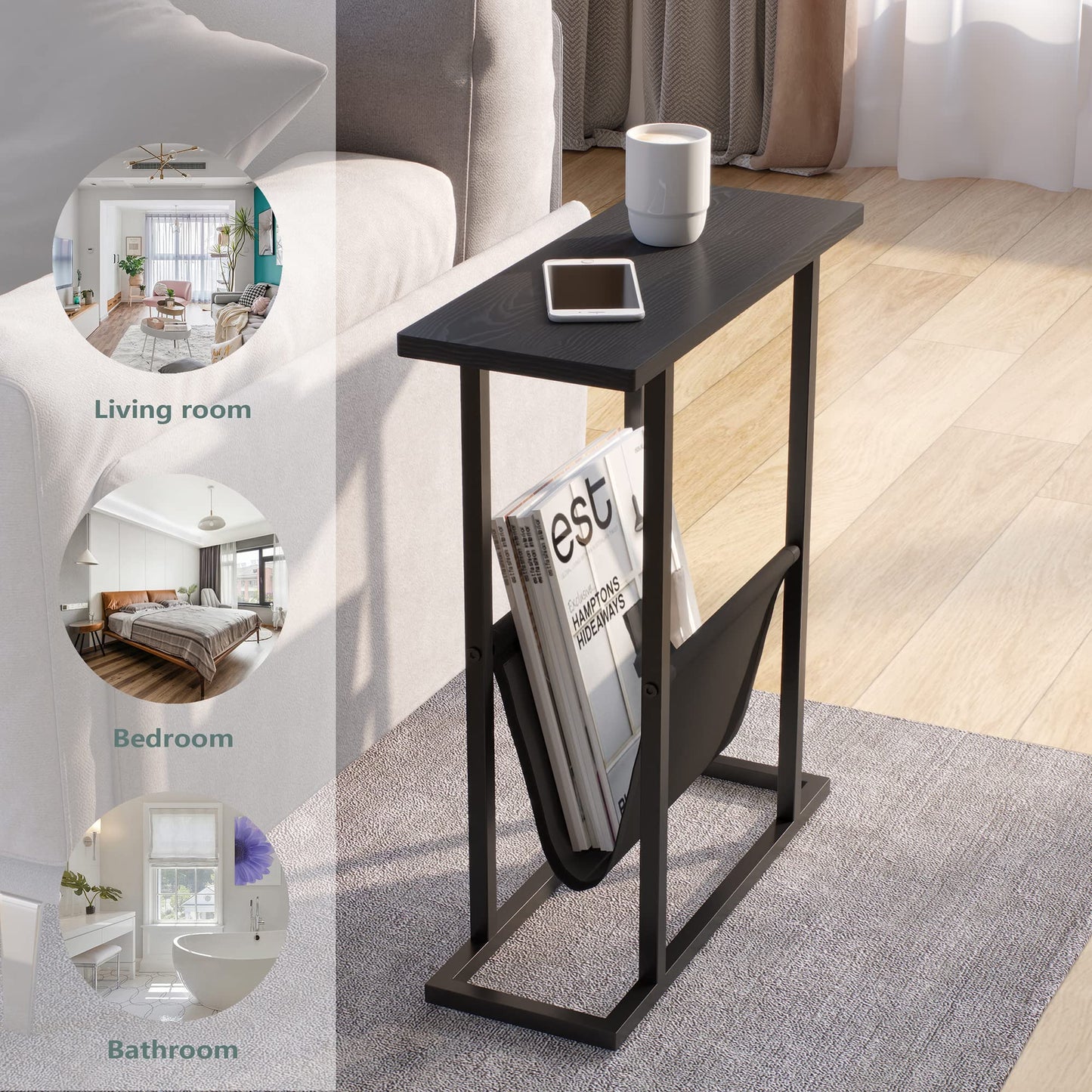 Yusong Small Narrow Side Table for Small Spaces, Slim End Table Magazine Table Nightstand with Storage Holder