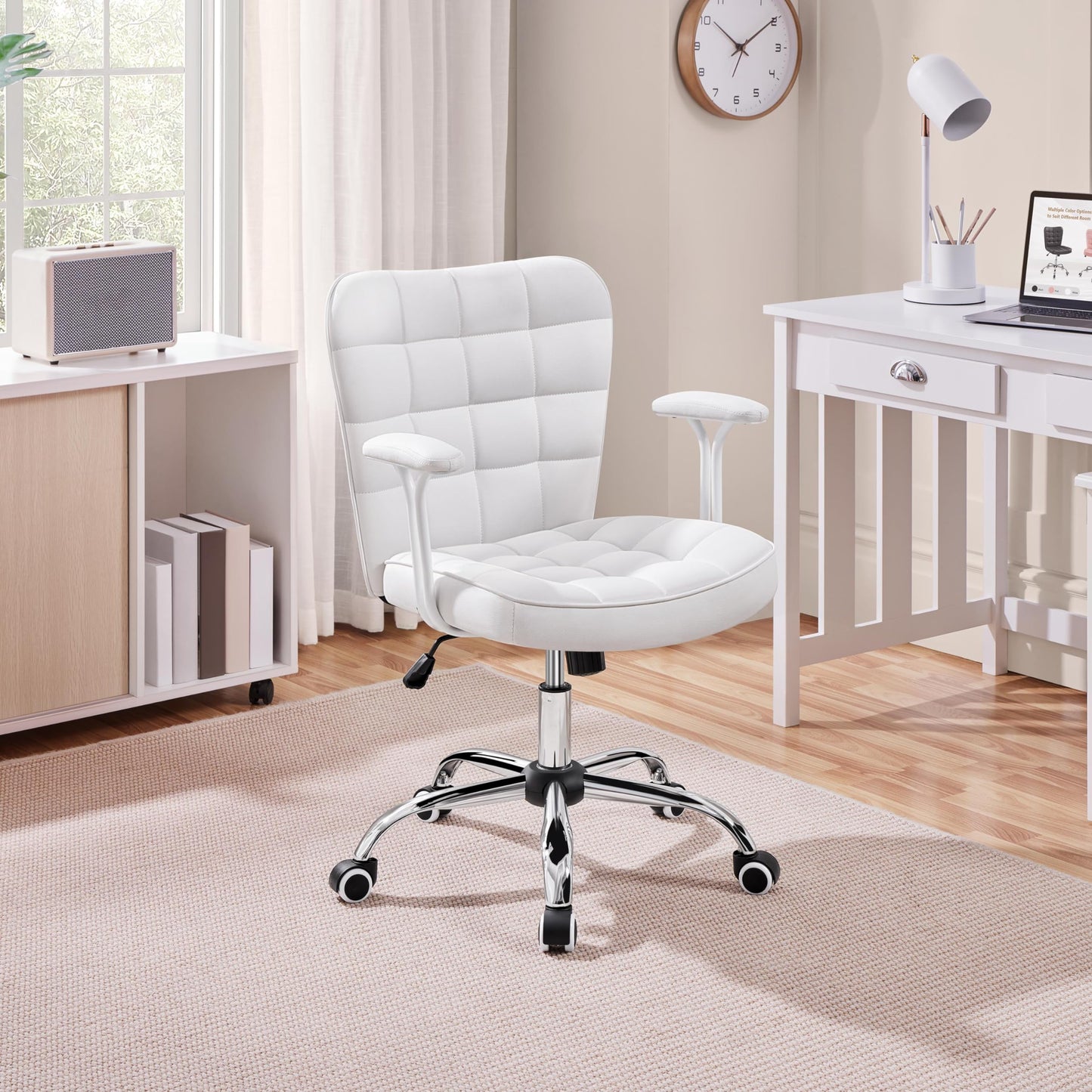 Yaheetech Faux Leather Swivel Vanity Chair with Detachable Armrests, White