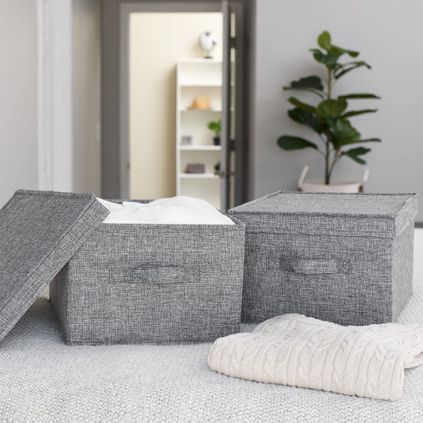 Household Essentials Large Fabric Storage Bins with Lids, Graphite, Set of 2