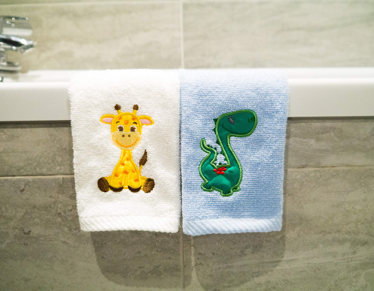 Lex's Linens Pack of 2 Kids Face Cloth 1 of Each Giraffe & Dinosaur