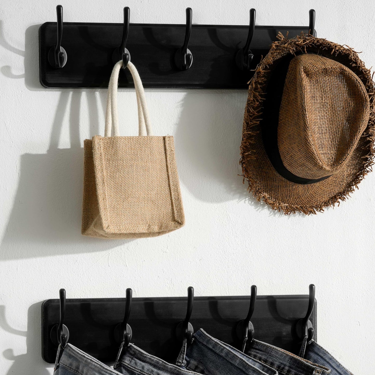 SKOLOO Farmhouse Style Wall Mounted Coat Rack, Pine Solid Wood Coat Hook Hanger - 5 Hooks for Hanging Clothes Robes Towels Coats