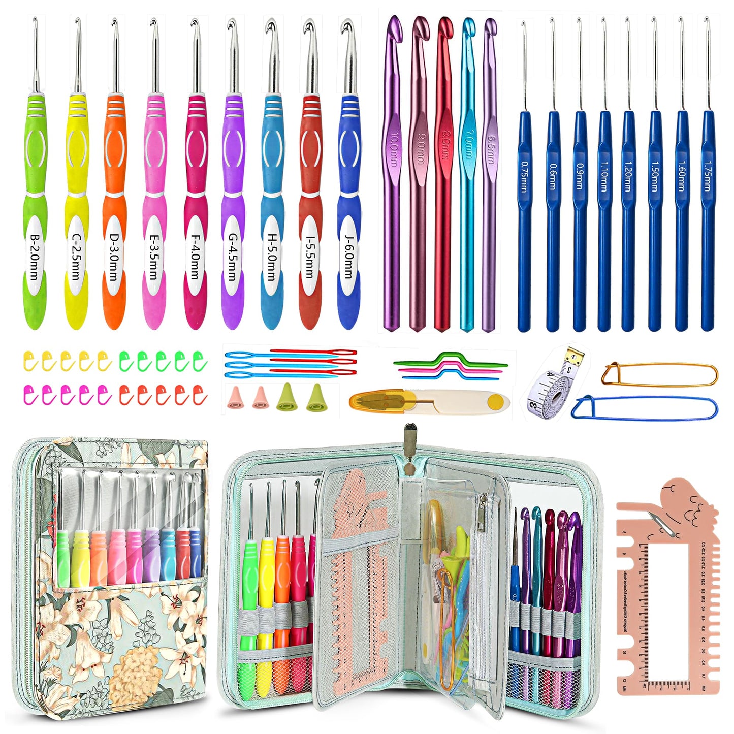 61Pcs Ergonomic Crochet Hooks Set, 22size (0.75mm-10mm), with Case for Arthritic Hands, Extra Long Crochet Needles(Green)