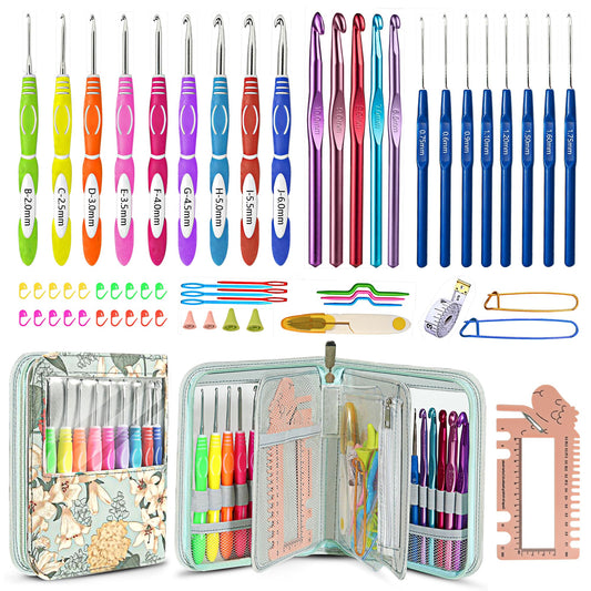61Pcs Ergonomic Crochet Hooks Set, 22size (0.75mm-10mm), with Case for Arthritic Hands, Extra Long Crochet Needles(Green)