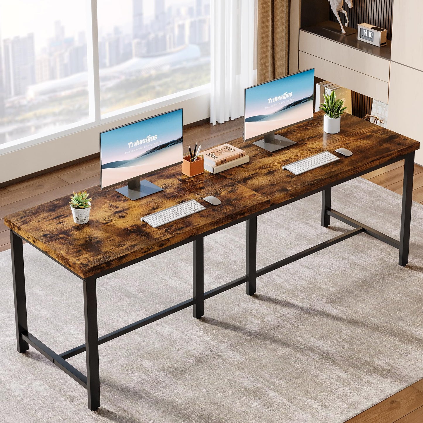 Tribesigns 200cm Double Computer Desk, Extra Long 2 Person Desk Workstation, Large Office Desk Study Writing Table for Home Office