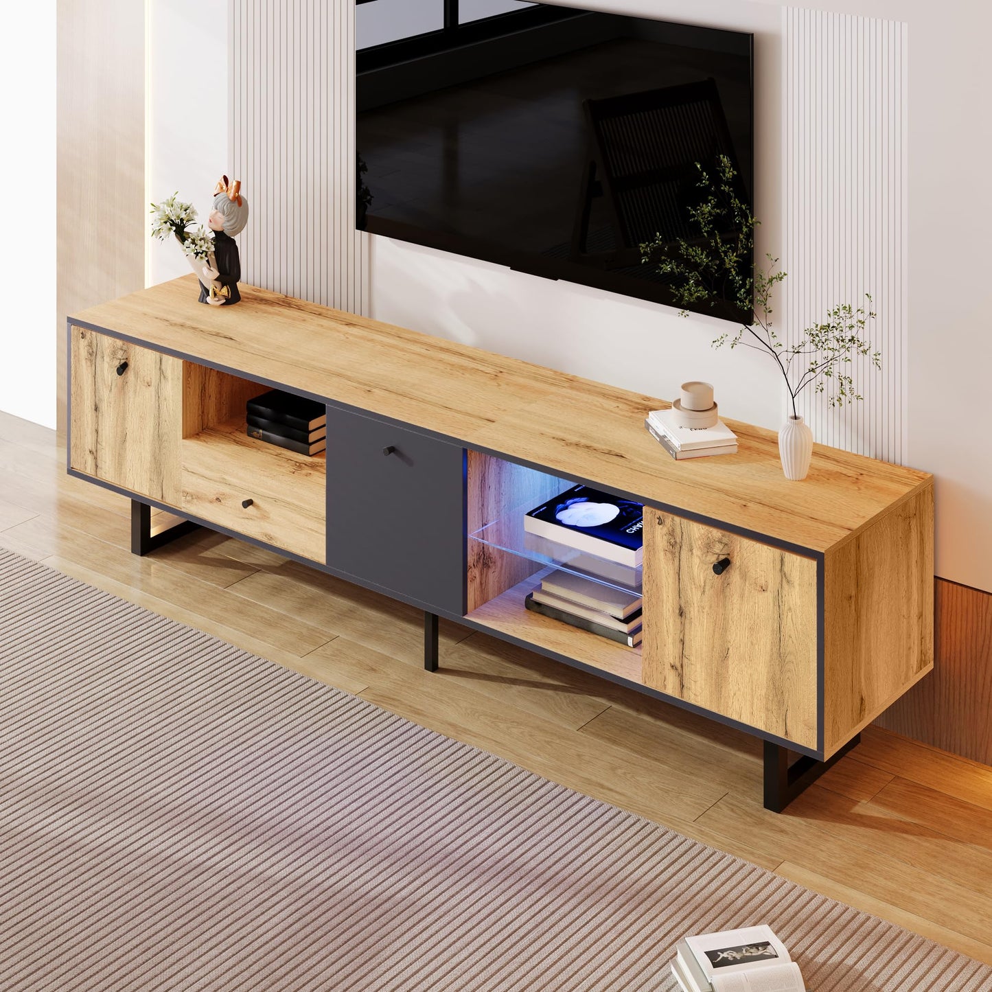 Ball & Cast Wooden TV Stand Cabinet, Media Console Table for up to 75 Inch TVs, TV Unit with 3 Doors and Drawer