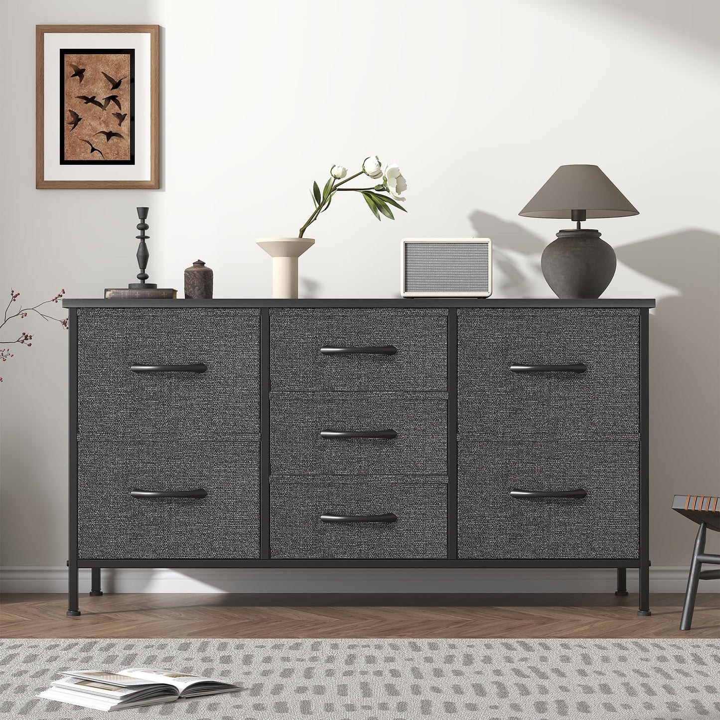 GoaHi Chest of Drawers, Small Dressers with Metal Frame and MDF Wooden Top Board, Adjustable Feet, Anti-Tip Safety