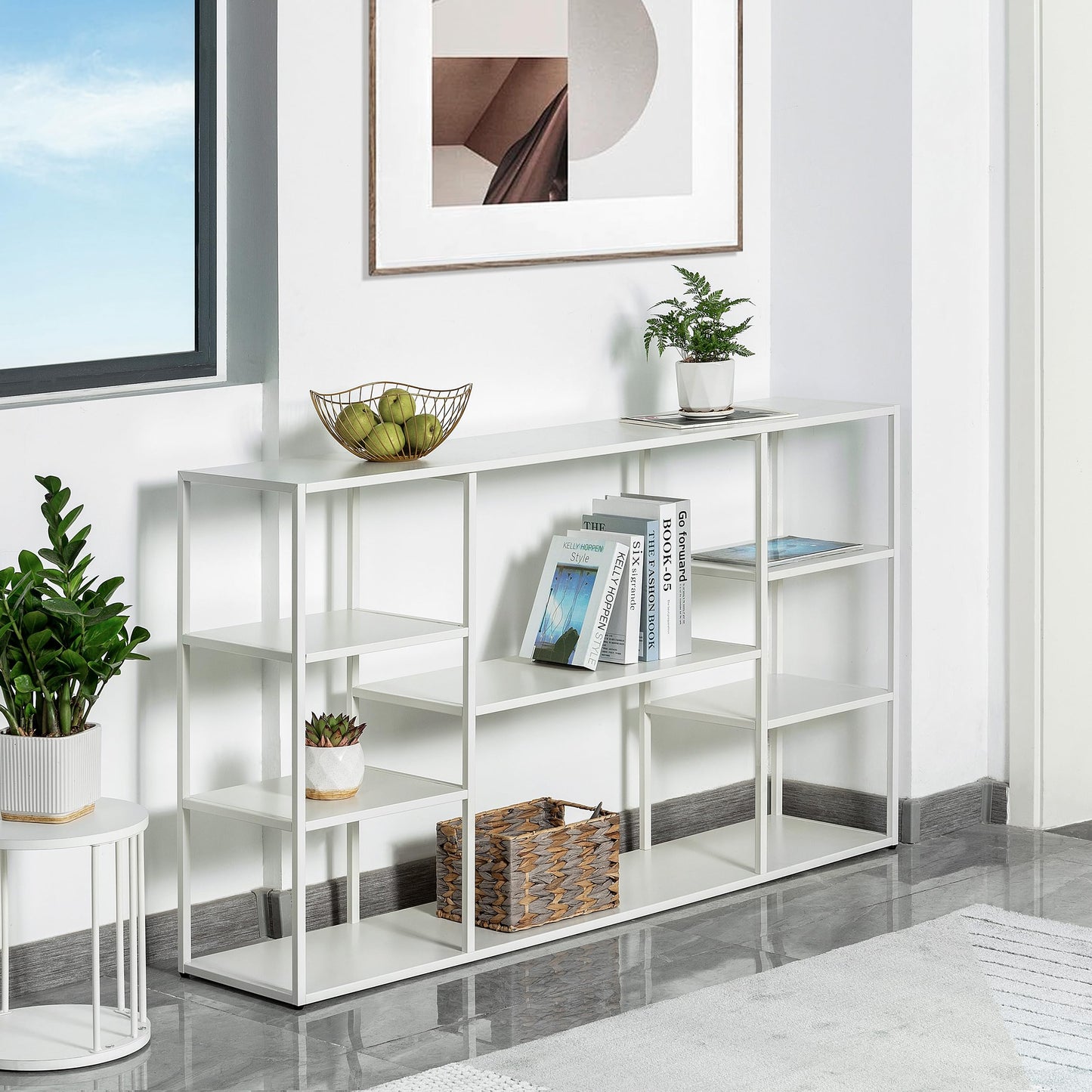 HDANI 140cm Long Sofa Console Table,Narrow Modern Entryway Table Behind Couch with Storage Shelves,4 tier Shelf Bookshelf for Living