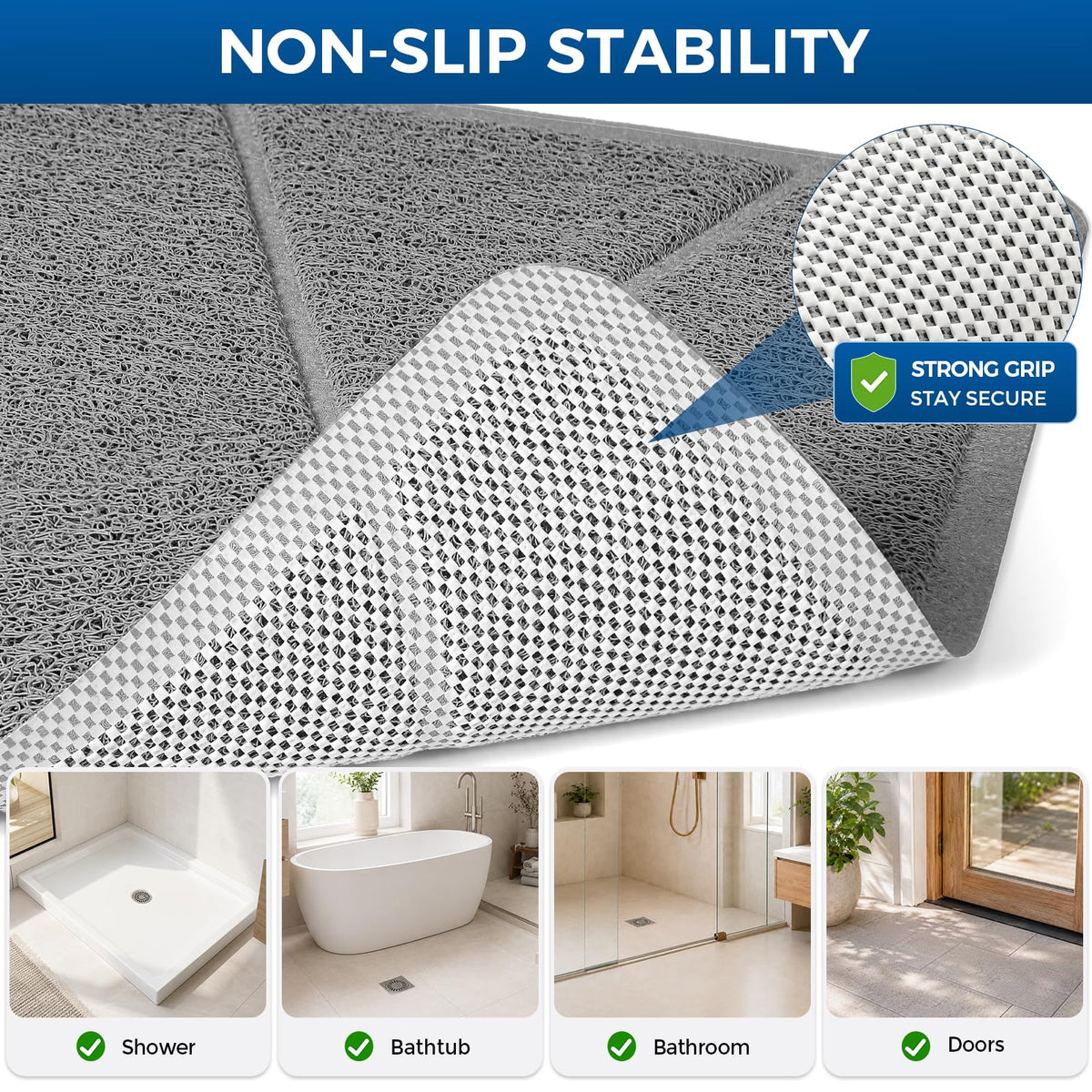 XIYUNTE Soft Shower Mat Non Slip Anti Mould, Loofah Bath Mat with Heat-Pressed Edging 60x40cm, INCL. Hooks for Drying
