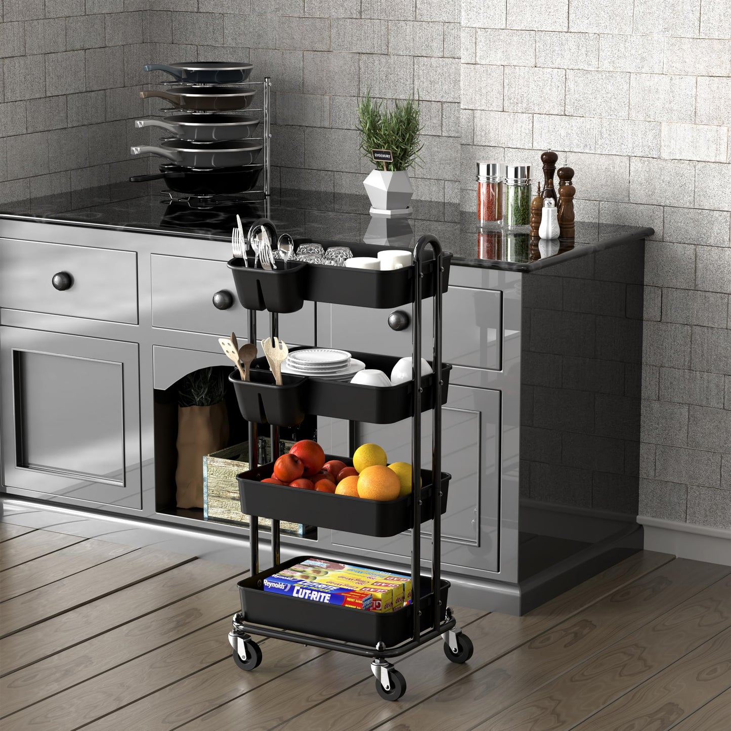 Simple Houseware 4-Tier Multifunctional Rolling Utility Cart with Basket Dividers and Hanging Buckets, Black