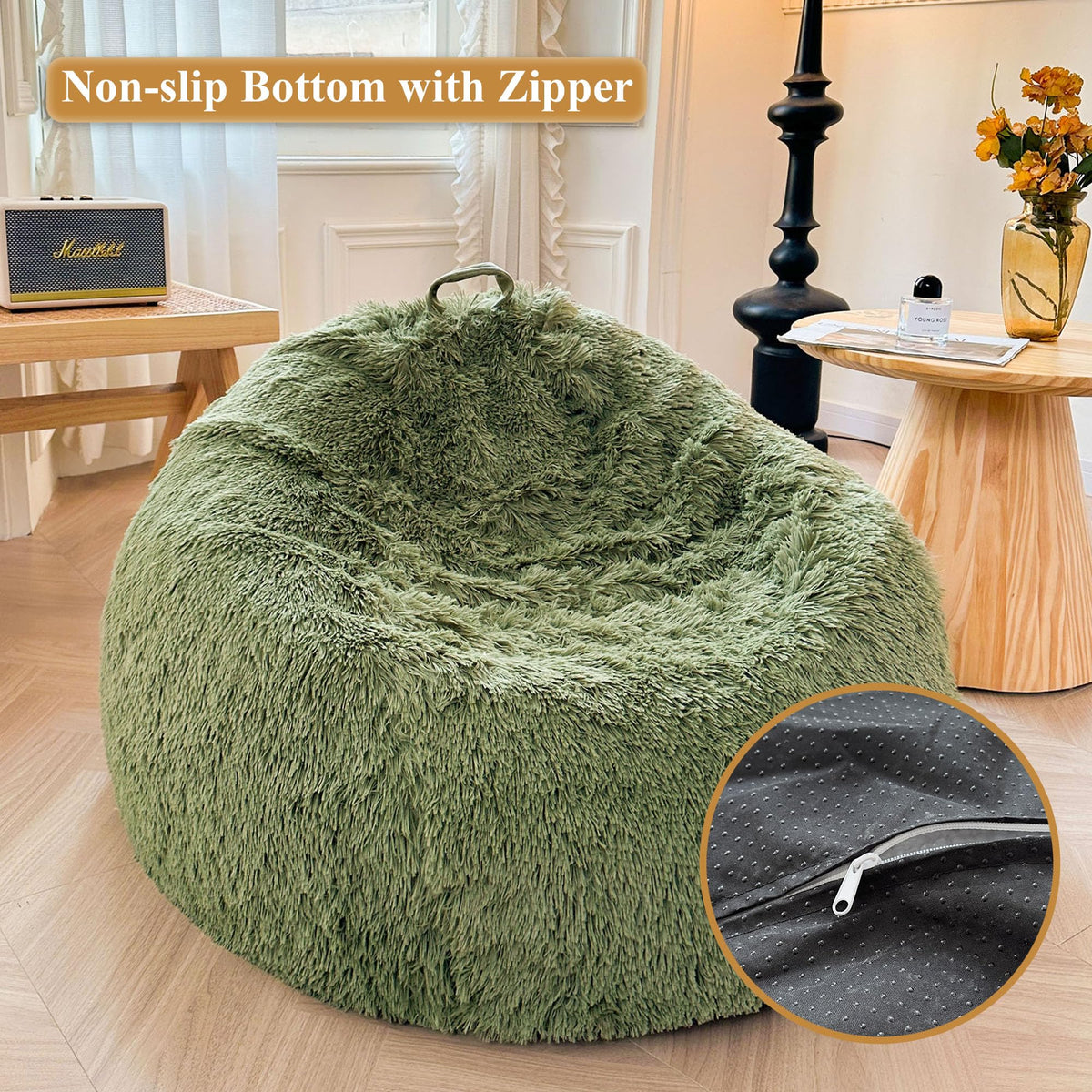 XeGe Comfy Fluffy Faux Fur Bean Bag Chair CoverNo Filler, Sage Green
