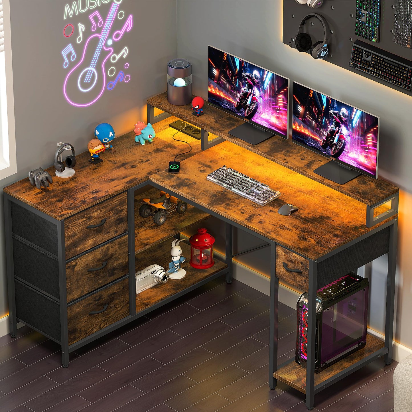 YITAHOME L Shaped Computer Desk with Drawers Power Outlet 140cm Brown