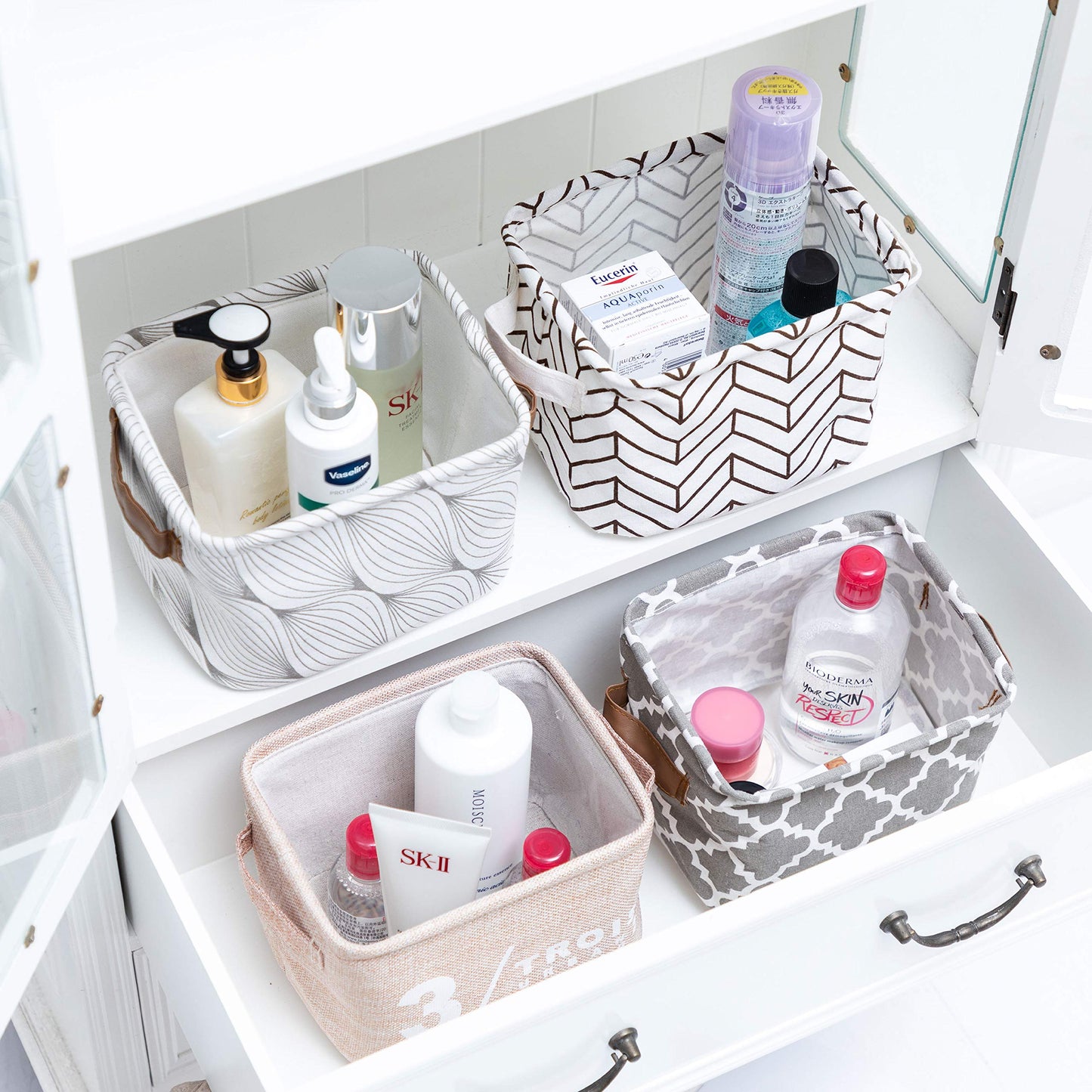 LessMo 4 Pack Storage Baskets, Collapsible Mini Storage Boxes, Canvas Fabric Waterproof Storage Bins made from Cotton and Linen, for Toys, Bathroom