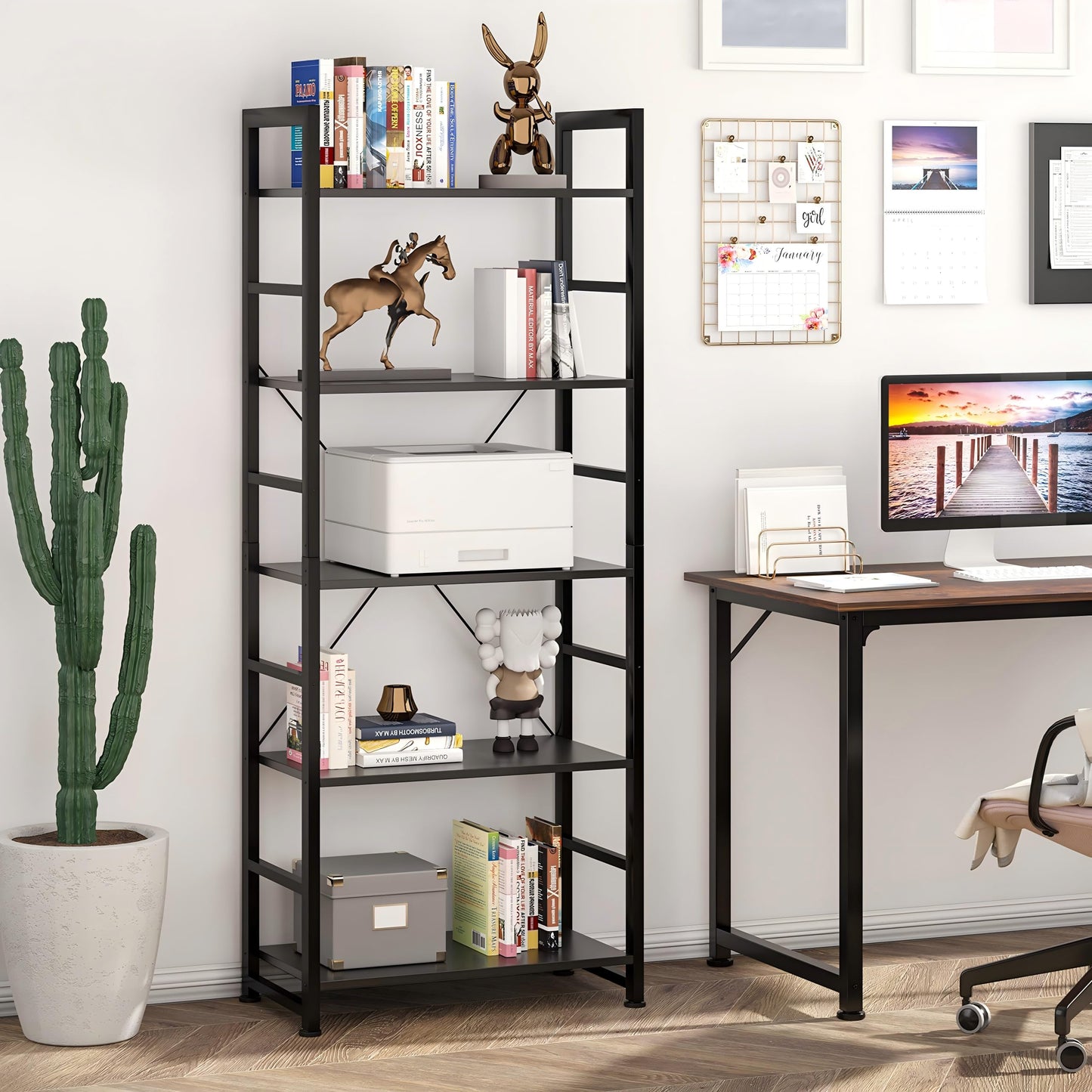 VERMESS Industrial Bookshelf, 5 Tier Wood Bookshelf with Open Shelves, Rustic Standing Bookshelves, Metal Frame, Display Shelf for Living Room