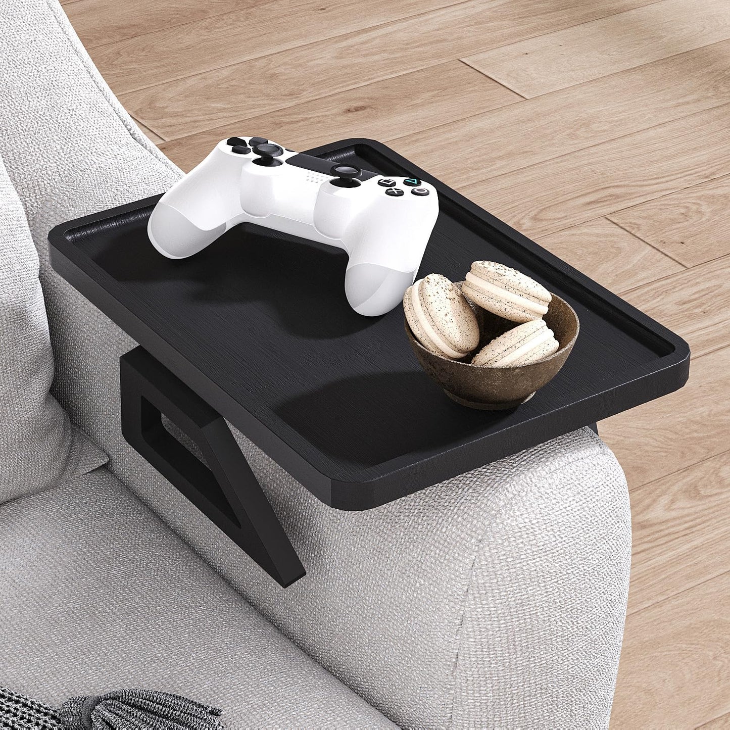 Fibogollo Sofa Tray,Bamboo Folding Couch Arm Tray,Sofa Armrest Trays Clip-On Couch Desk for Drinks,Snacks,Phone,Remote Control (Black)