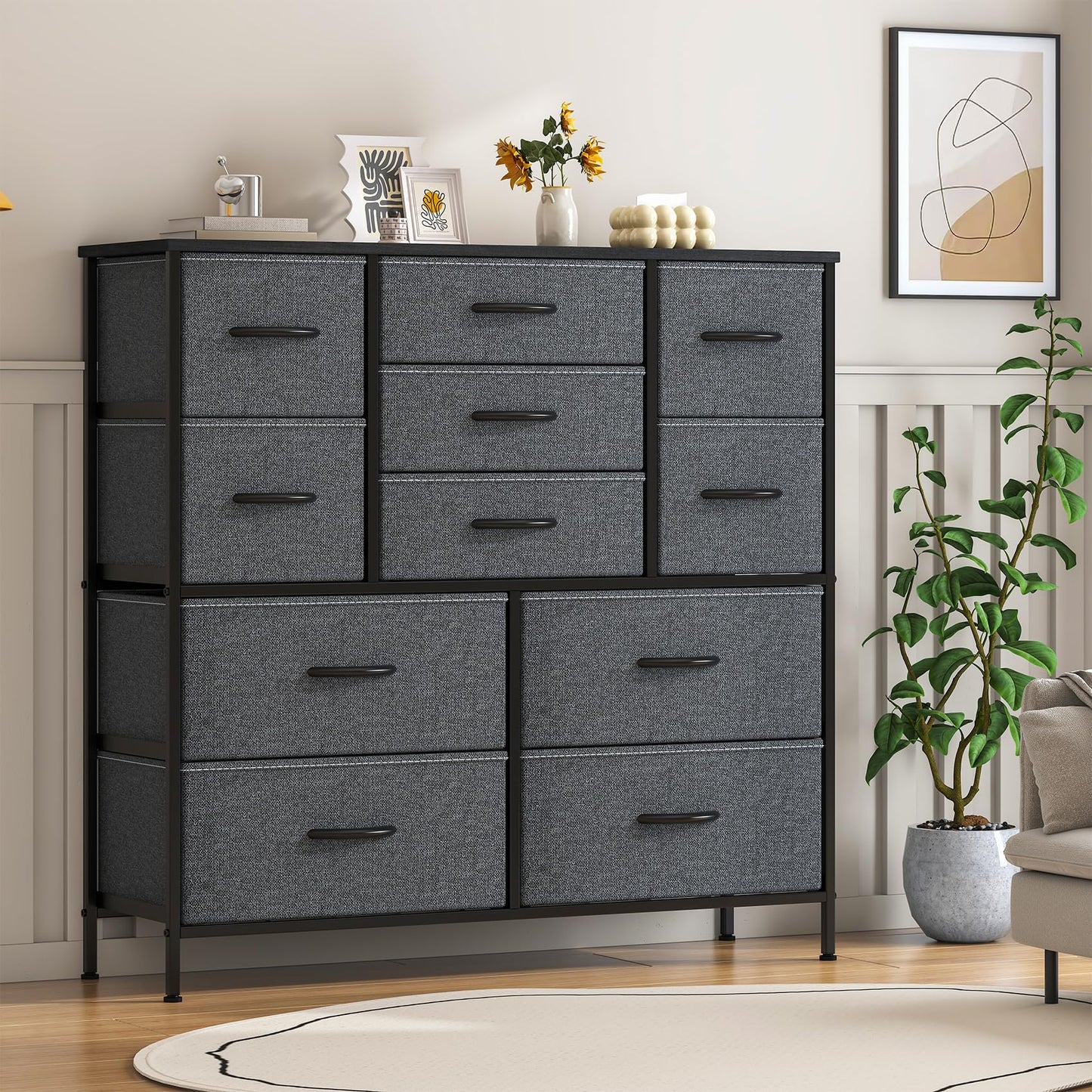Feonase Chest of Drawers, Bedroom Tall Dresser with 11 Fabric Drawers, Metal Frame & MDF Wood Top, Adjustable Feet