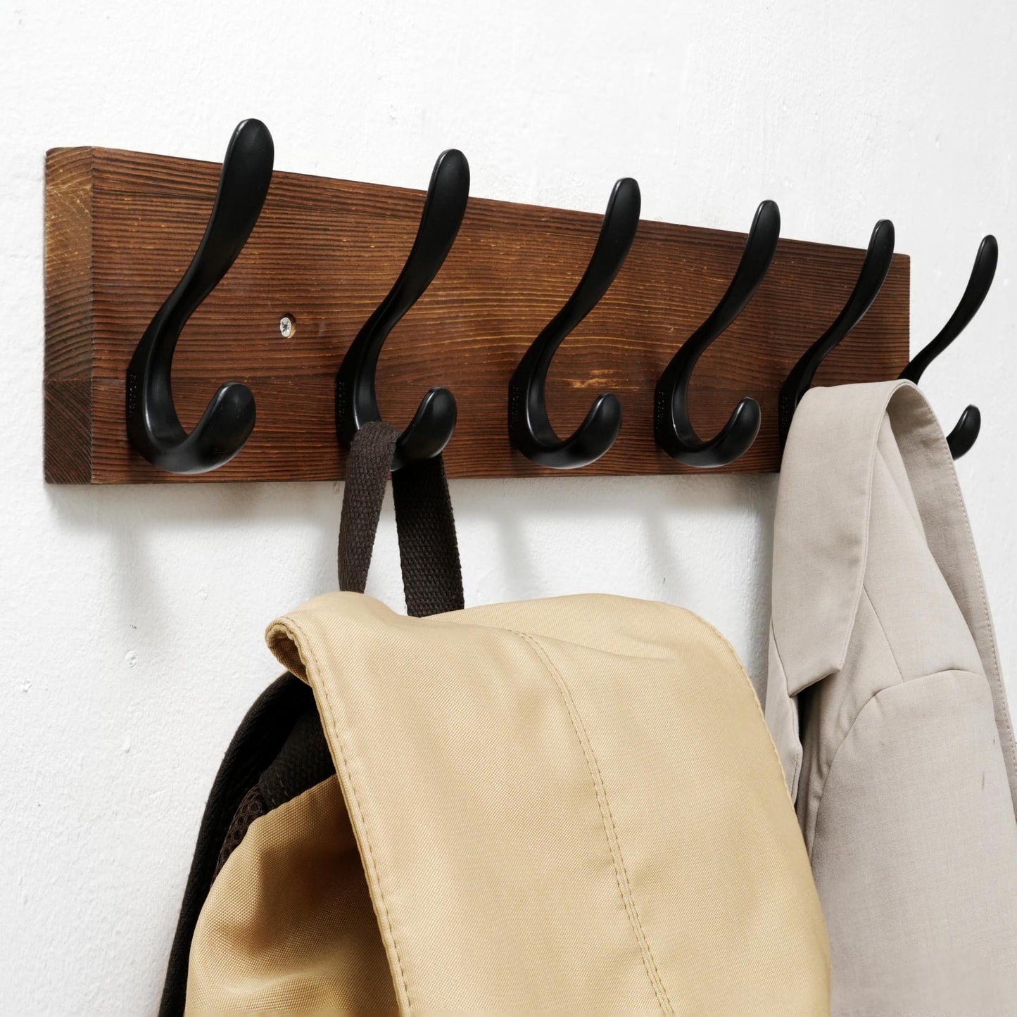 HONSKY Coat Rack Wall Mounted,61cm Long,Brown Wooden Base, 6 Double Hooks,Large Wall Coat Rack,Coat Hanger Wall Mounted,Wooden Coat Rack,Brown/Black