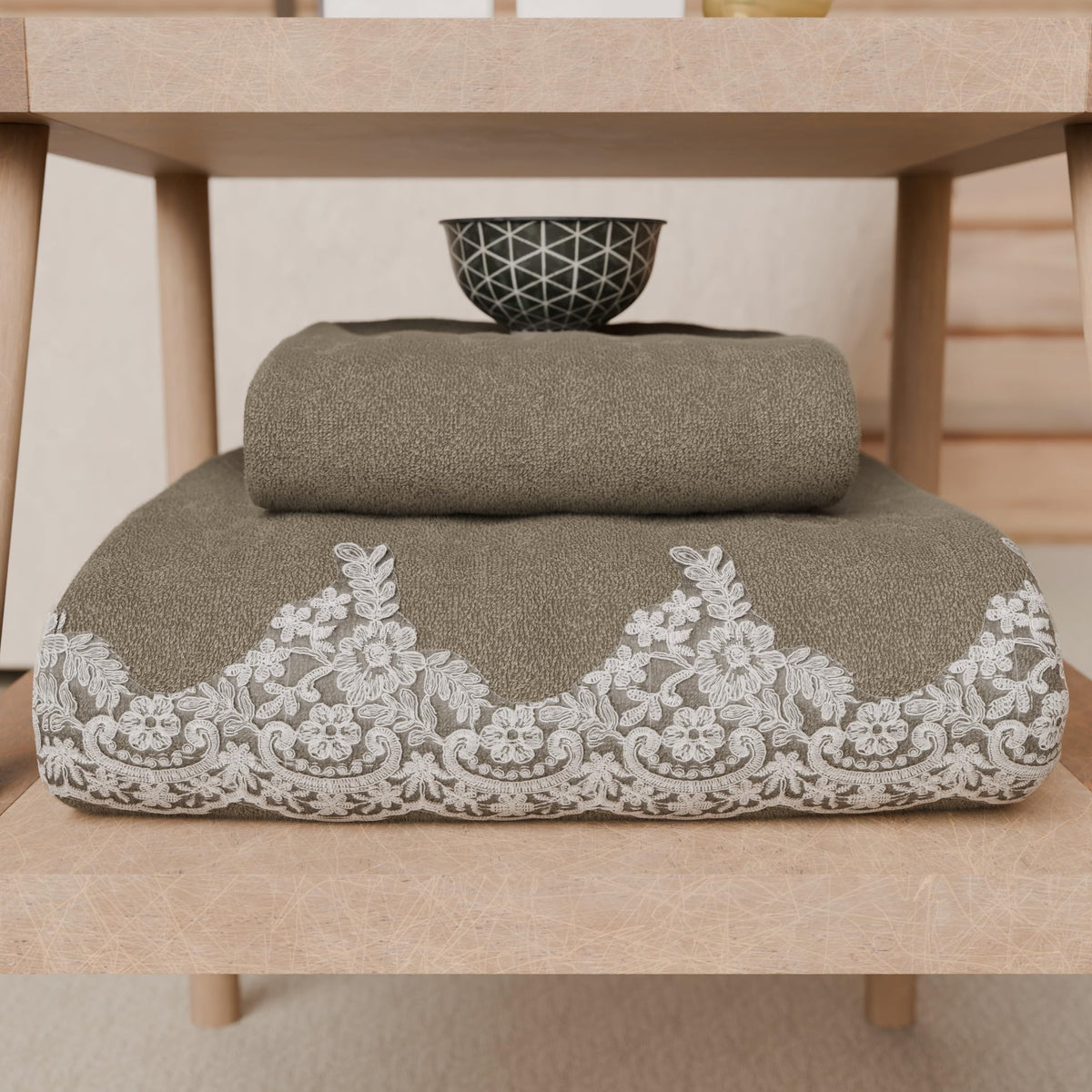 PETTI Artigiani Italiani - 100% Cotton Terry Bath Towels, 1+1 Towel Set, 2 Pieces 1 Face Towel and 1 Hand Towel, Mud