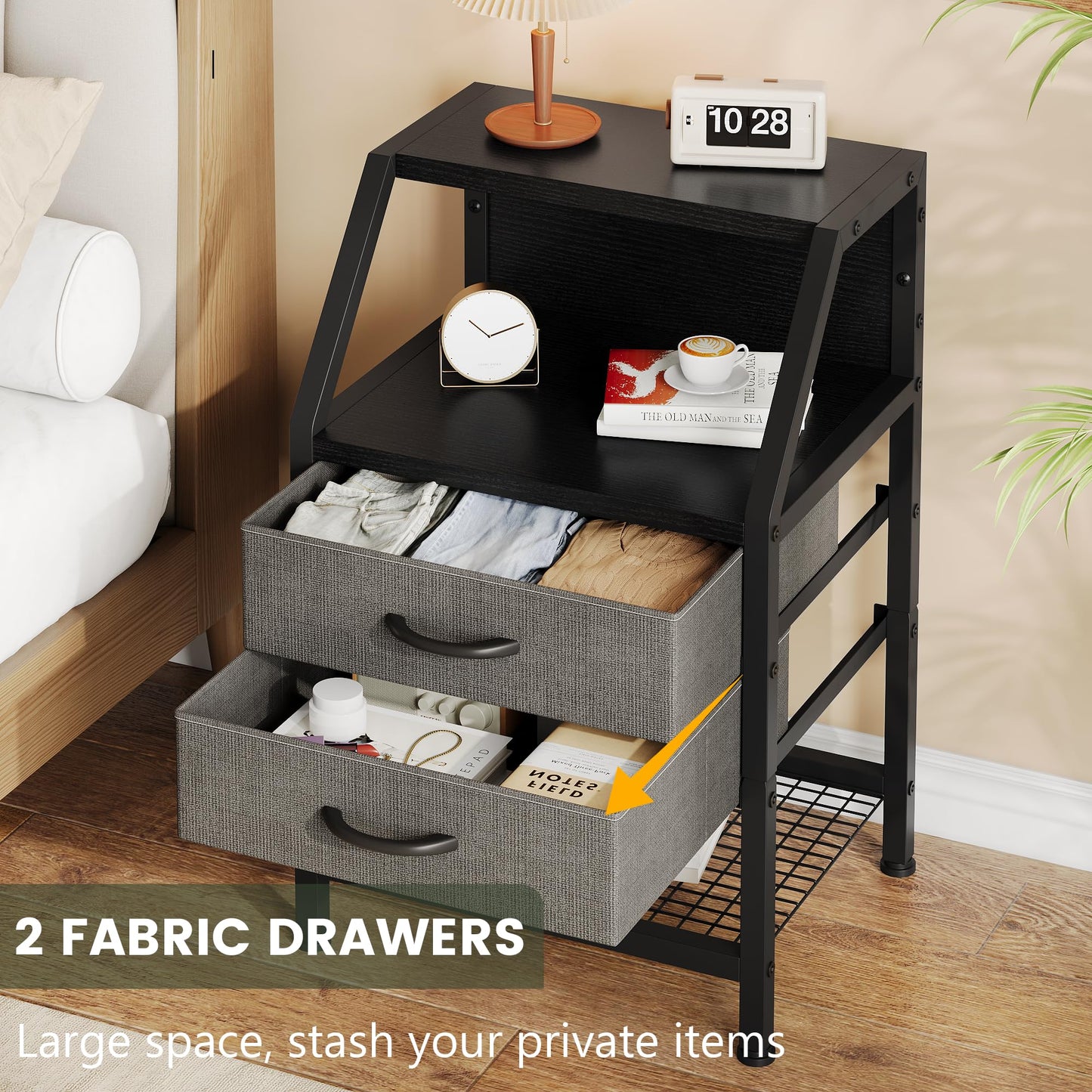 Feonase Bedside Table with 2 Fabric Drawers, Bedside Cabinet With 3-Tier Storage, Sturdy Metal Frame, Living Room Modern, Deep Grey