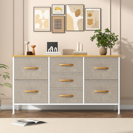 Feonase Chest of Drawers,Bedroom Dresser with 7 Fabric Drawers, Metal Frame & MDF Wood Top, Adjustable Feet, Storage Organizer Unit for Bedroom,