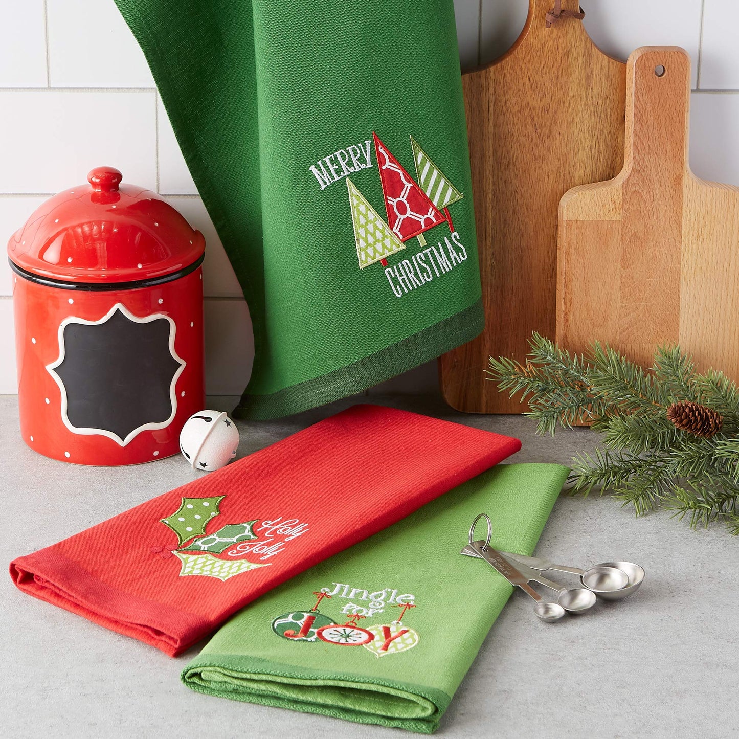 DII Christmas Kitchen Towels Decorative Embellished Cotton Dish Towel Set, 18x28, Jingle for Joy, 3 Count