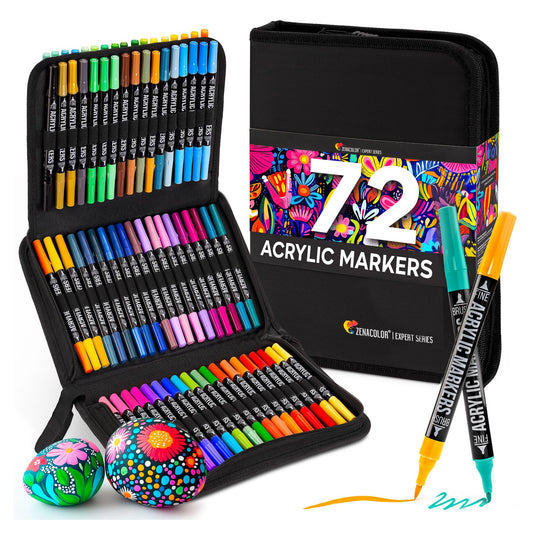 Zenacolor 72 Acrylic Paint Pens for Stones Waterproof with Double Tip (Fine Tip and Brush) for Drawing Various Surfaces - Acrylic Paint Marker with a