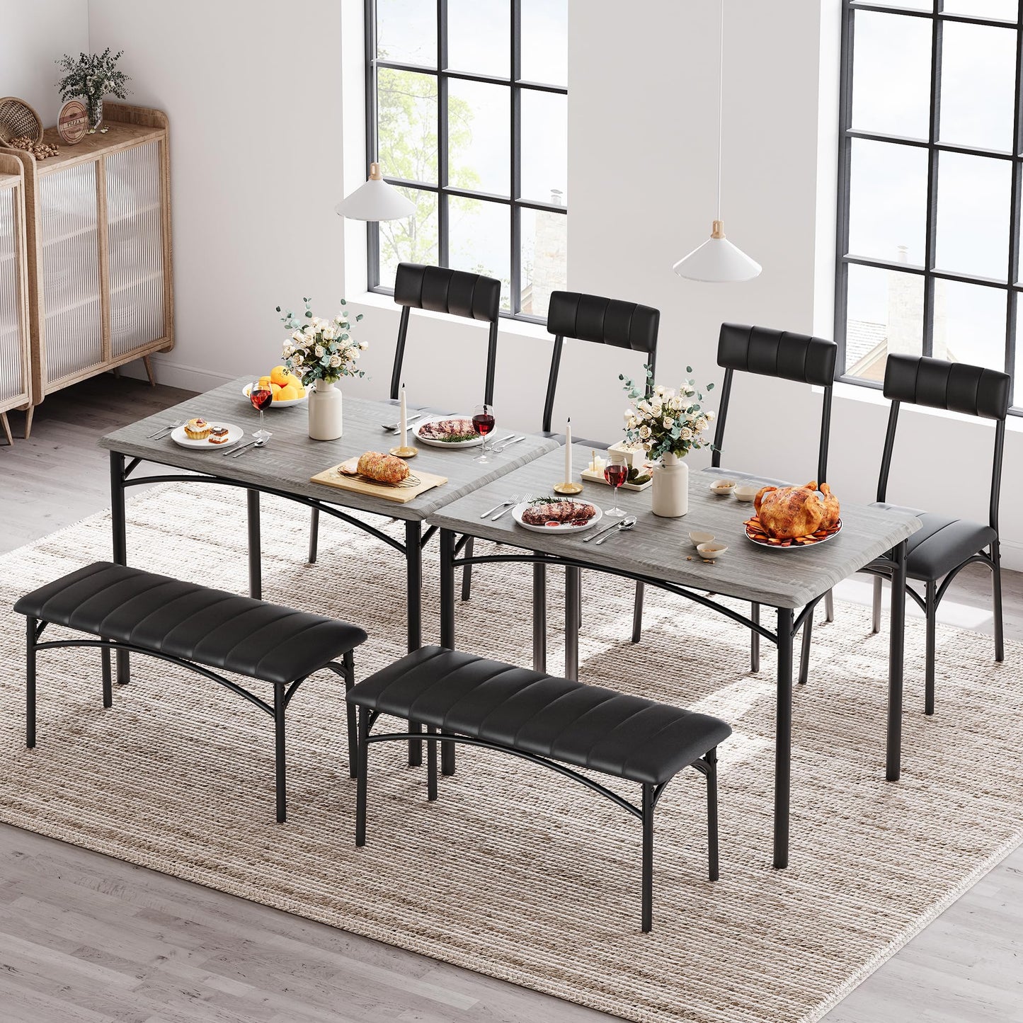 Crevyteg Space-Saving 4-Piece Dining Table Set Modern Industrial Kitchen Table with 2 Chairs and Bench for 4 Seater Dining Room Small Spaces