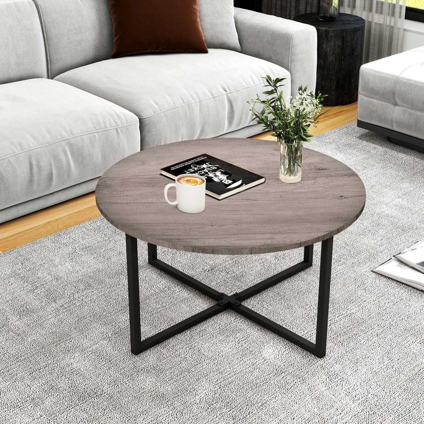 HOMERECOMMEND Round Coffee Table for Living Room,Circle Coffee Tables,Grey