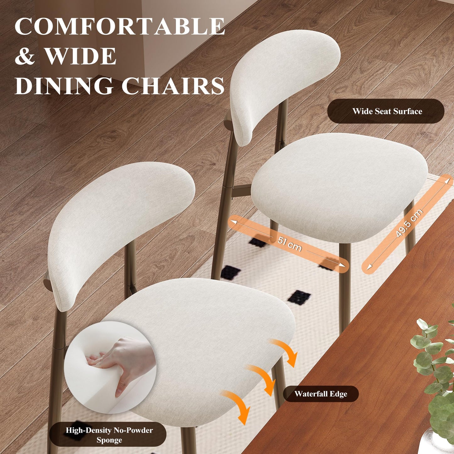 Dining Chairs Set of 6, Upholstered Dining Room Chairs with Ergonomic Curved Backrest, Metal Frame Kitchen Chairs