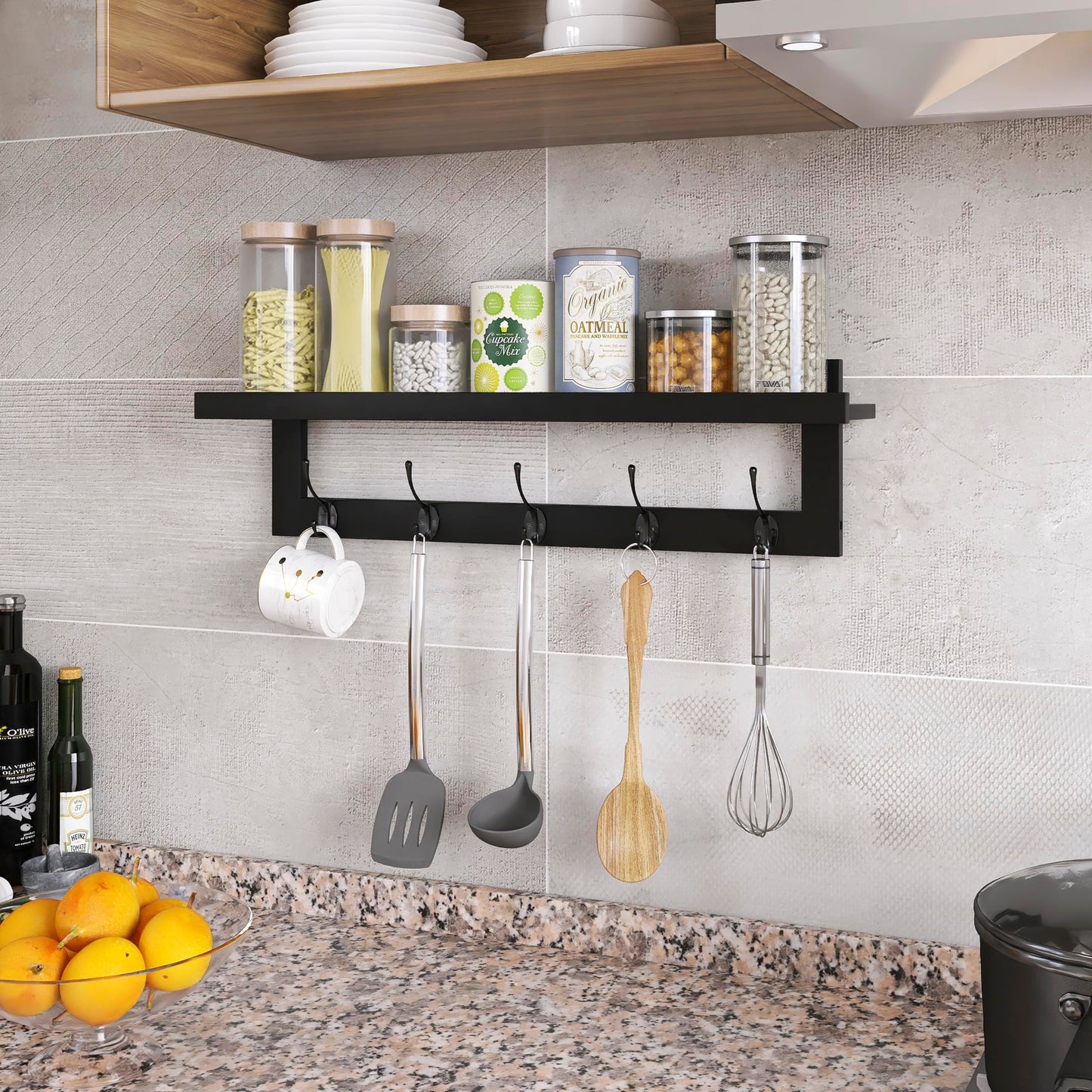 SMIBUY Coat Hooks with Shelf Wall-Mounted, 74 cm Entryway Coat Rack for Wall, Bamboo Hanging Shelf with 5 Double Metal Hooks for Bathroom, Bedroom