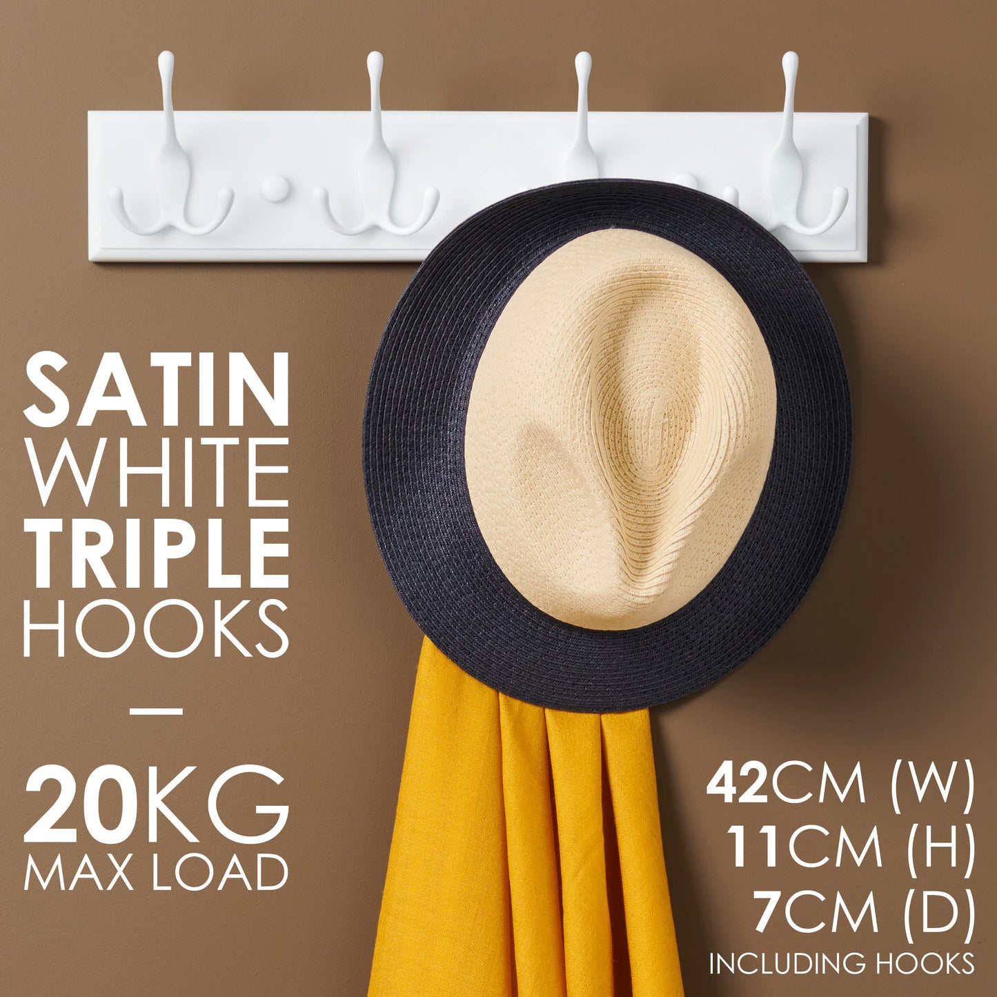 LARHN White Wall-Mounted Coat Rack, 2-Pack - 4 White Coat Hooks, 42cm