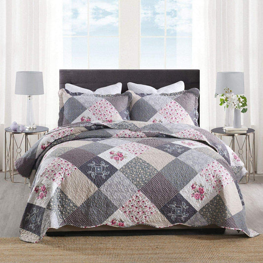 Qucover Bedspread Super King Size Lightweight Soft Microfiber Reversible Patchwork Quilted Bedspread, Elegant Rose Floral and Grey Checked Pattern