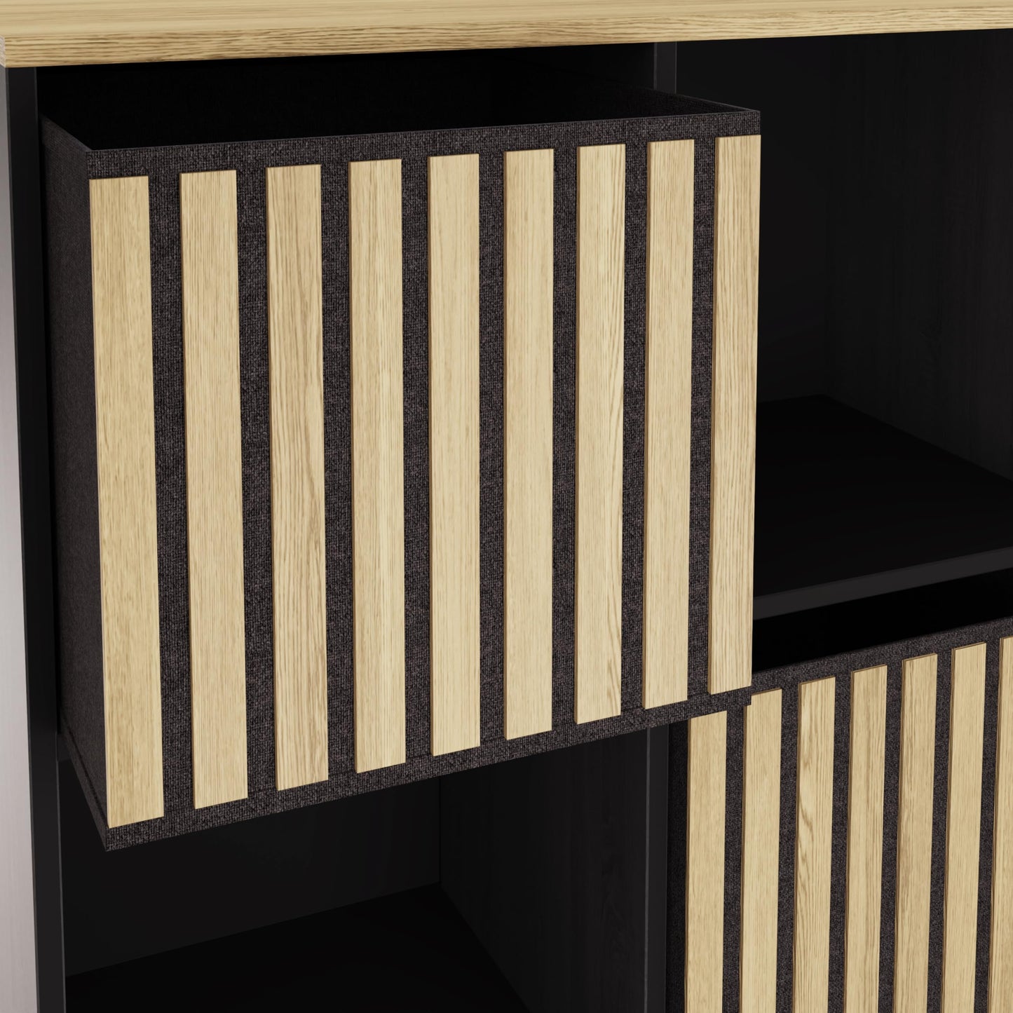 GFW Kube 2x2 Storage Unit Black & Medium Oak, Cube Bookcase with Open and Hidden Storage Compartments, Modern Shelving Unit