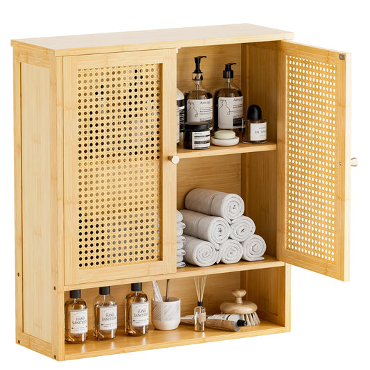HITNET Rattan Bathroom Wall Cabinet, Bamboo Medicine Hanging Cabinet with Double Doors and Adjustable Shelves, Over the Toilet Storage Cabinet for
