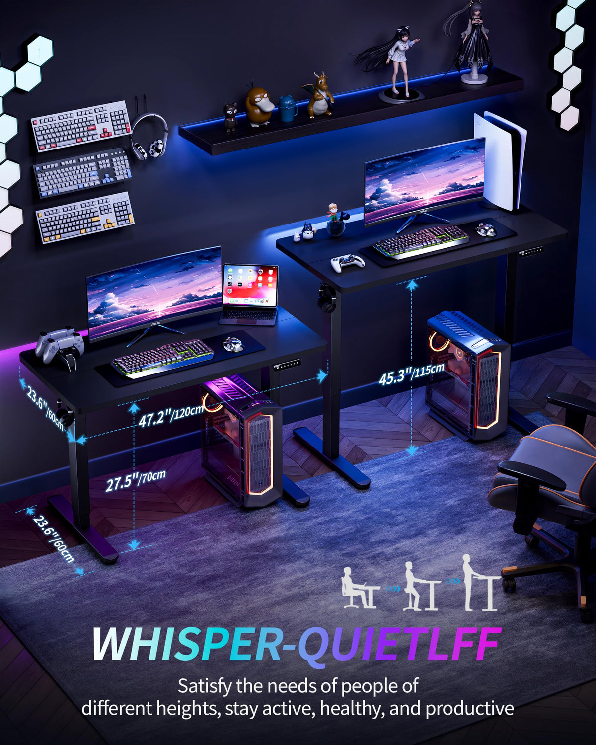 BIZUM Electric Standing Desk 120x60cm Gaming Desk 3 Memory with Splice Board, 70–115cm Lift, 2 Hooks, 80kg Load, Computer Workstation, Black