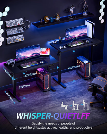 BIZUM Electric Standing Desk 120x60cm Gaming Desk 3 Memory with Splice Board, 70–115cm Lift, 2 Hooks, 80kg Load, Computer Workstation, Black