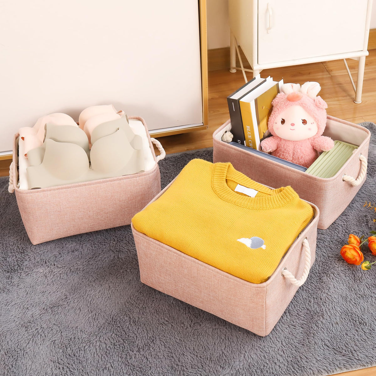 JUNLAI 3 Pcs Storage Baskets with Handles, Foldable Small Pink Storage Boxes, Fabric Wardrobe Storage Basket for Office & Home, Book, Clothes