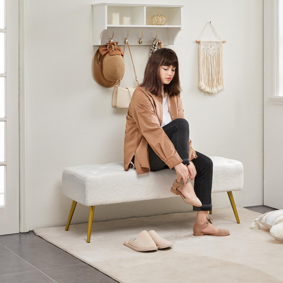 Yaheetech Modern Boucle Ottoman Footstool Bench with Gold Metal Legs, Ivory
