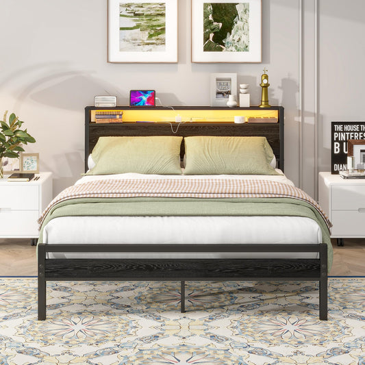 BORPHOM King Size Bed Frame with Storage Wood Headboard Shelf,LED Lights,5ft Metal Platform Bed Frame Kingsize Bed Base with Charging Station,Mattress