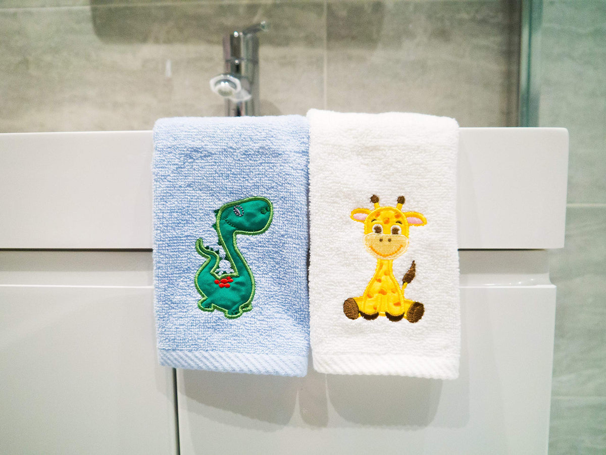 Lex's Linens Pack of 2 Kids Face Cloth 1 of Each Giraffe & Dinosaur
