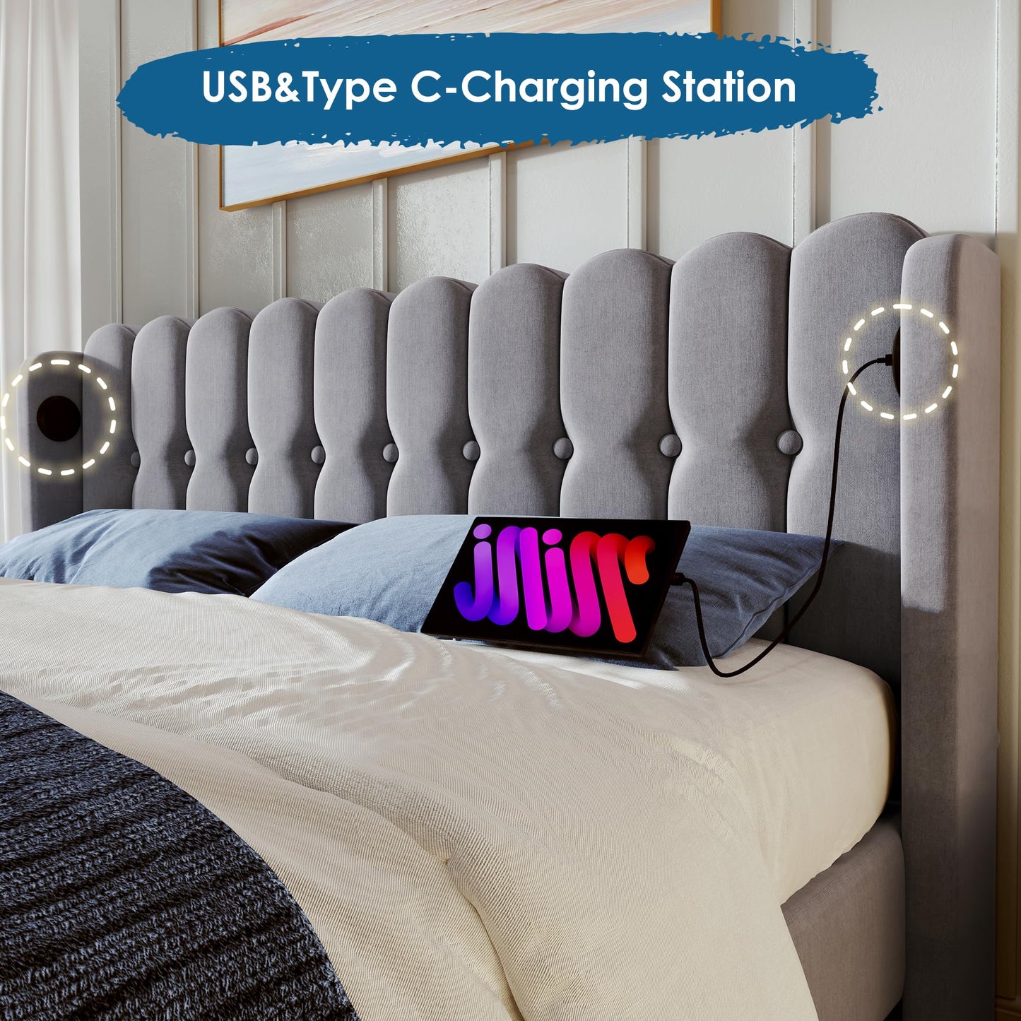 BTM Upholstered Double Bed with USB and Type-C Charging, 4ft6-135x190cm Double Bed Frame with Wooden Slatted Frame for Teenagers and Adults