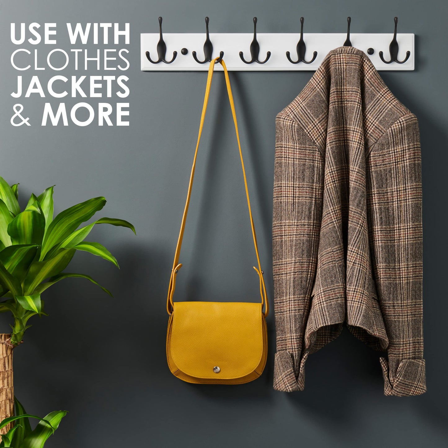LARHN White Wall-Mounted Coat Rack - 6 Black Coat Hooks, 59cm