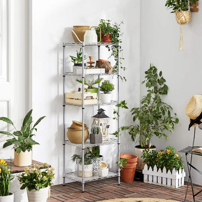 SONGMICS Kitchen Shelf, 5 Tier Thin Storage Shelf, 8 Hooks, Bathroom Cabinet, Plastic Board, Height-Adjustable, Metal, for Kitchen, Silver LGR115E01
