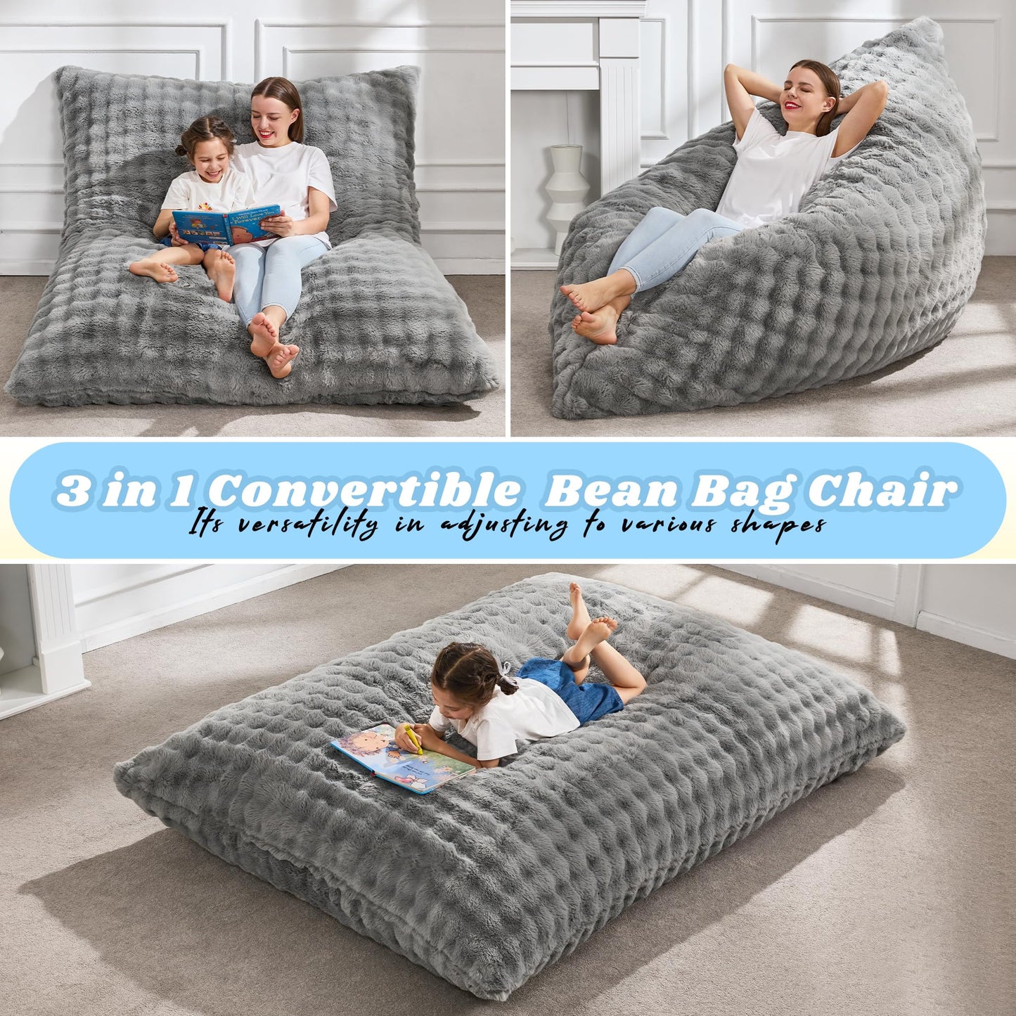 Hobestluk Adult Bean Bag Chair 3 in 1 Convertible Large Bean Bag Sofa