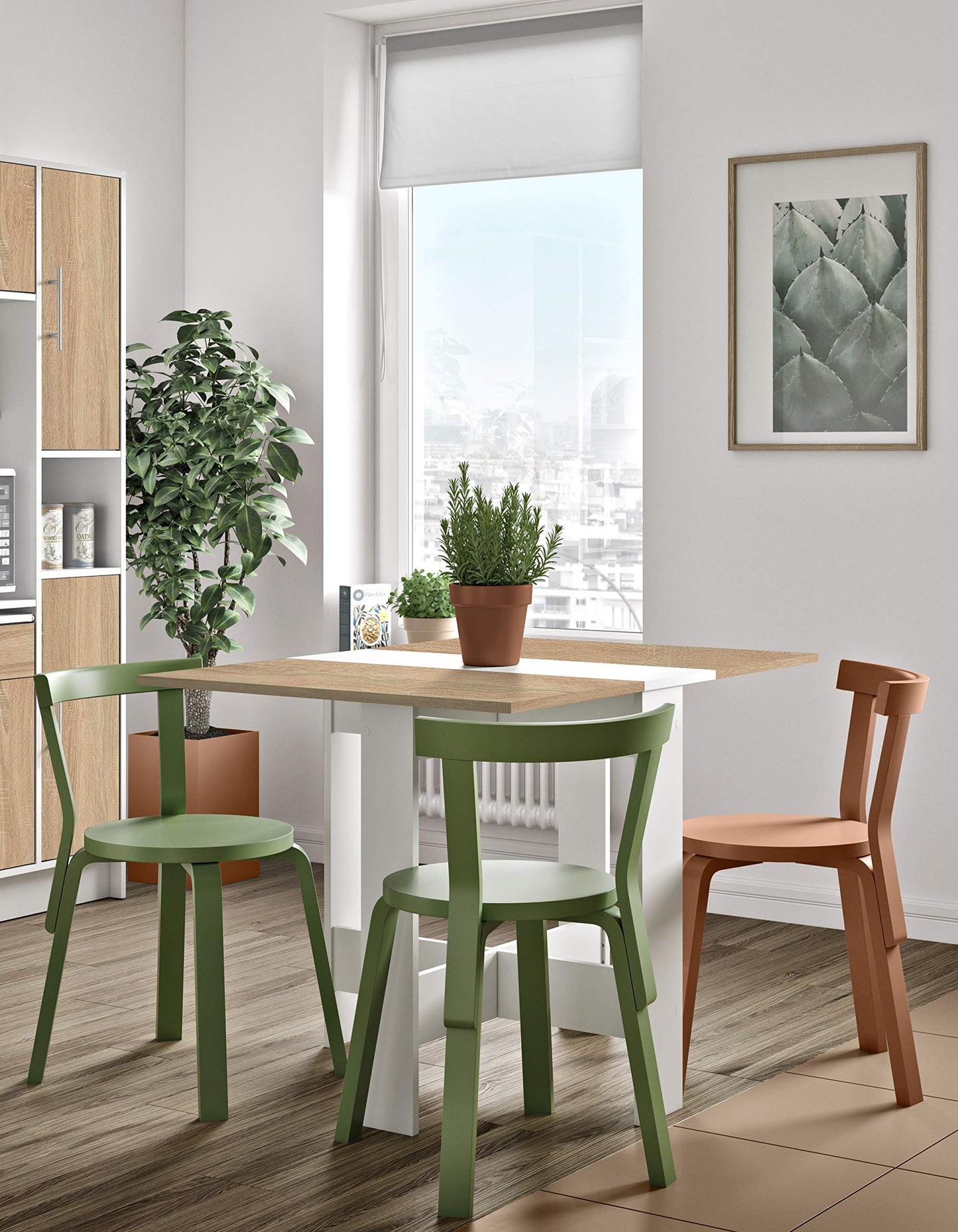 Symbiosis Folding Dining Table, Oak and White Marble Look, 103/67/28 x 76 x 73.4 cm (LxPxA)