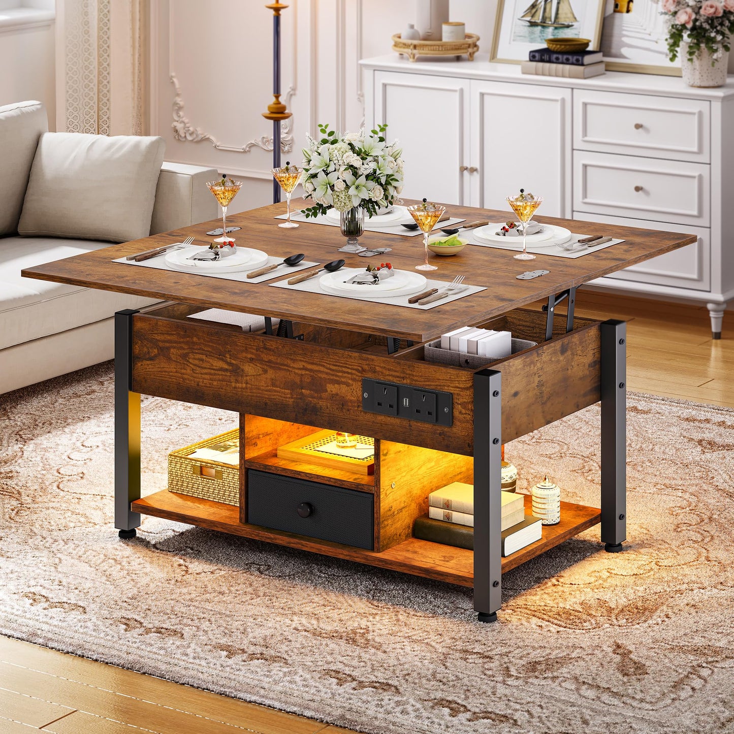 YITAHOME Folding Lift Top Coffee Table with Drawer, 4-in-1 Convertible Table with Storage Space and Type-G Outlets