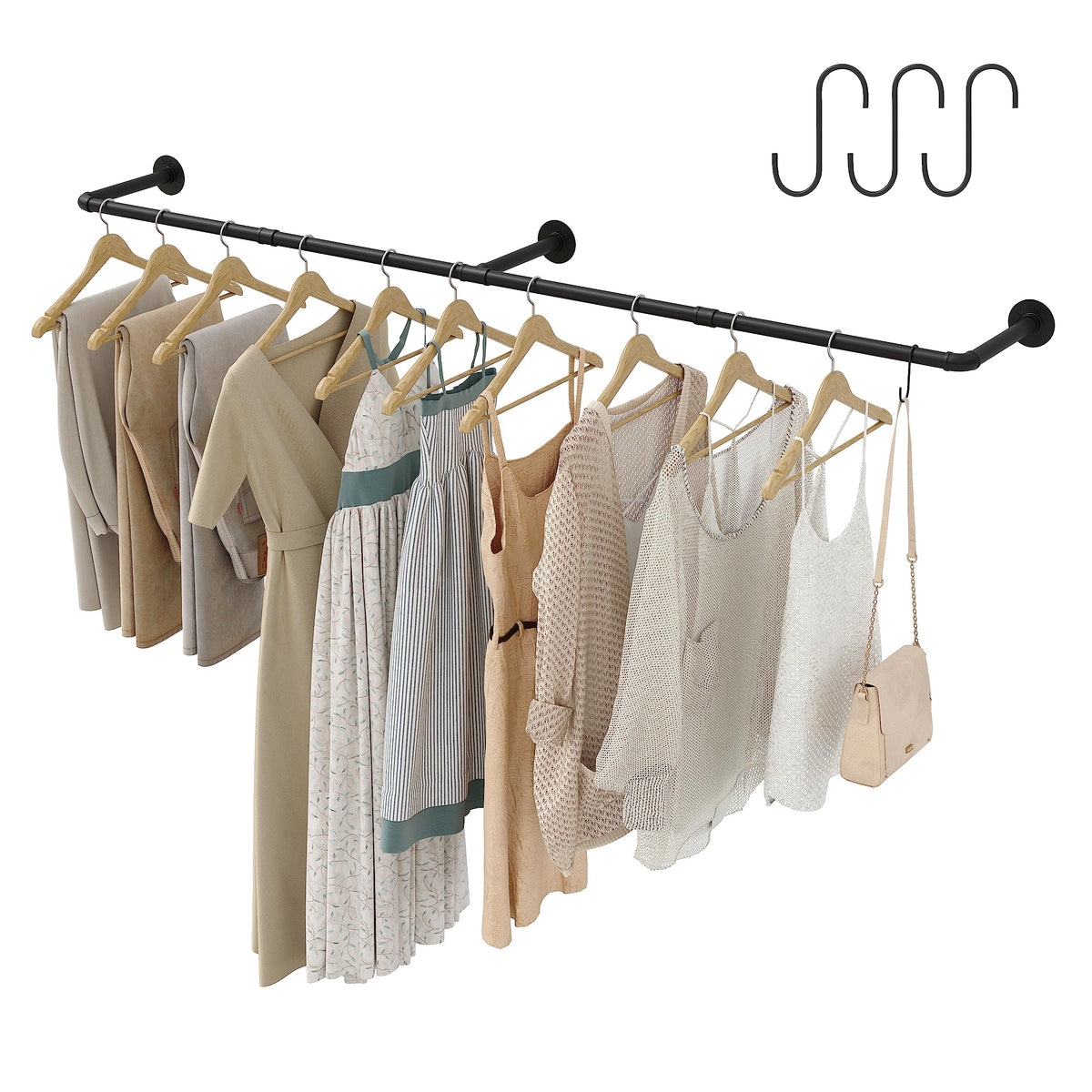 Crehomfy Industrial Pipe Clothes Rack with 3 Hooks, 72’'L Wall Mounted Garment Rack, Heavy Duty Iron Garment Bar