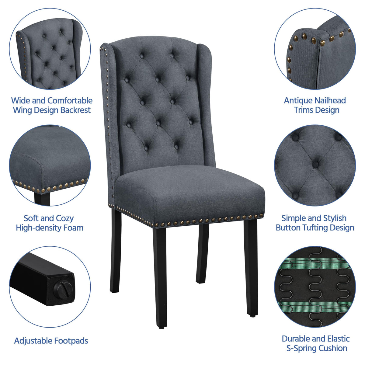 Yaheetech Classic Dining Room Chairs Set of 2 with Wooden Legs, Deep Grey