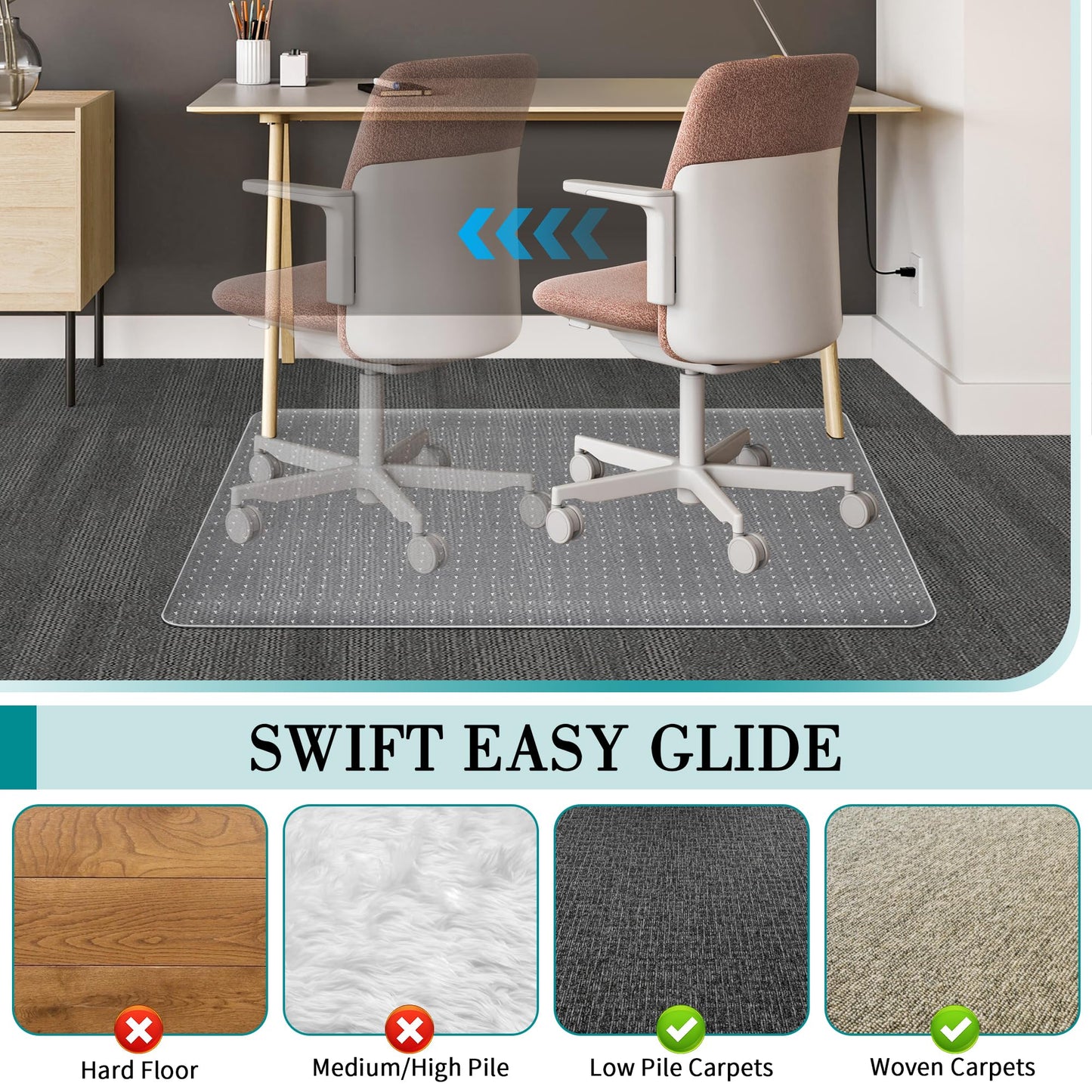 BesWin Office Chair Mat for Carpet, 76.2 x 122cm Transparent Plastic Carpet Protector for Low Pile Carpets