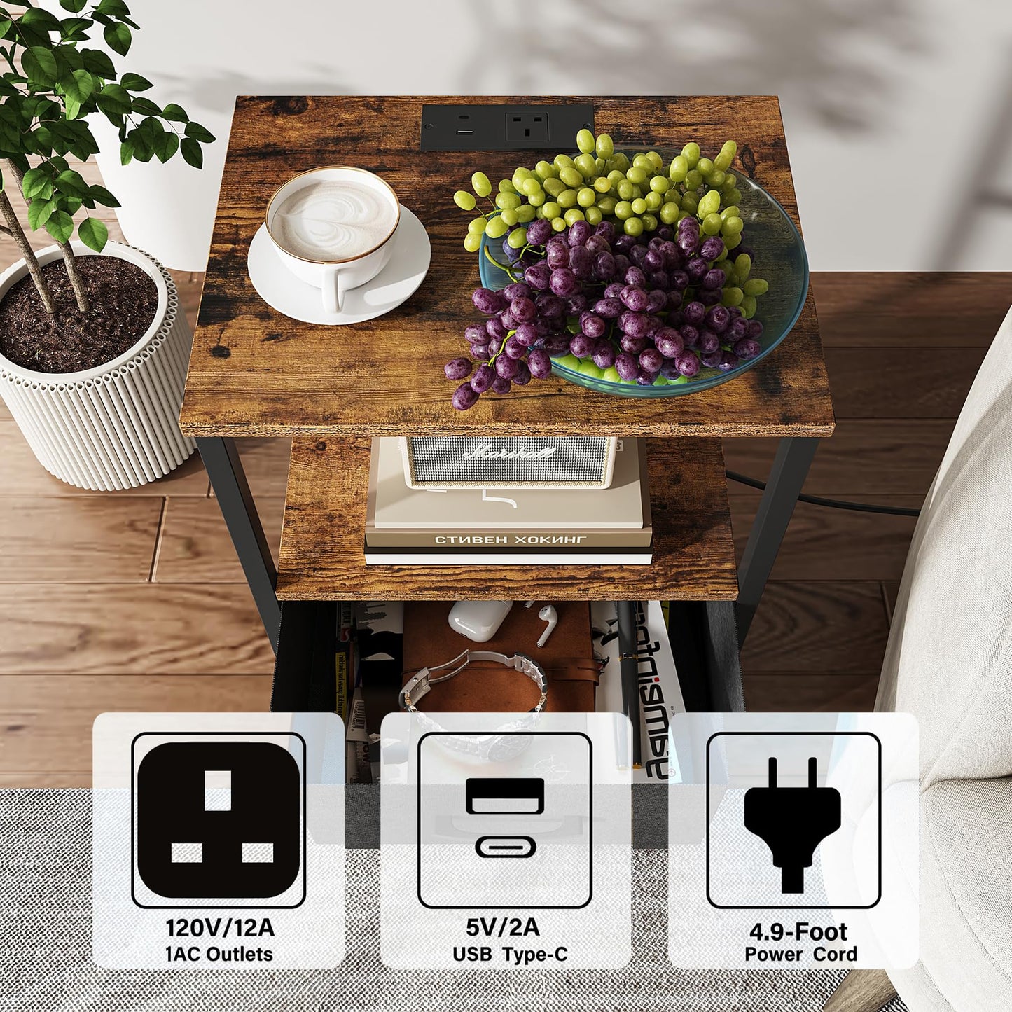 TUTOTAK Bedside Table with Charging Station, Side Table with 2 USB Ports and Outlets, Nightstand with Cloth Drawer, Set of 2, End Table